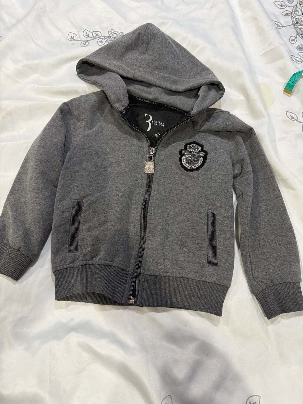 Billionaire Italian Couture Boys Grey Crest Zip-Up Hoodie Sweatjacket Size 4Y